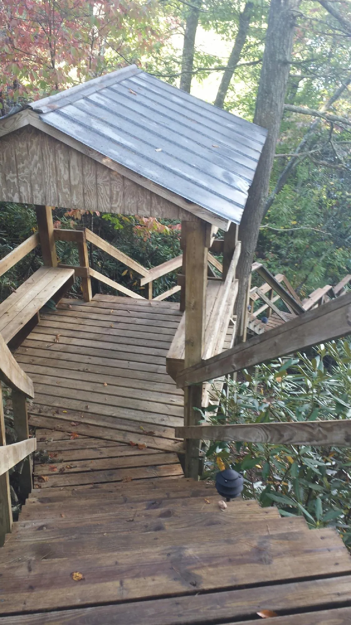 Metal roofed shelter over wooden steps on a wooded walkway — Skylight Repair & Installation work by our crew in Higginsville